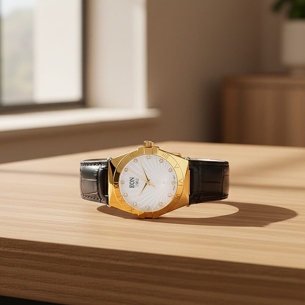 EON 1962 Ronda 763 Swiss Quartz 5ATM WR White Hydraulic & Diamond Dial & Gold Case Ladies Watch with Black Leather Strap